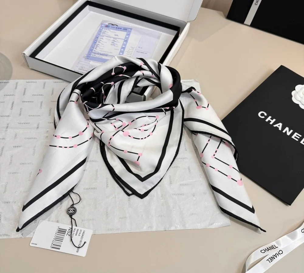Chanel Graphic Line Silk Scarf (Black, White & Pink)